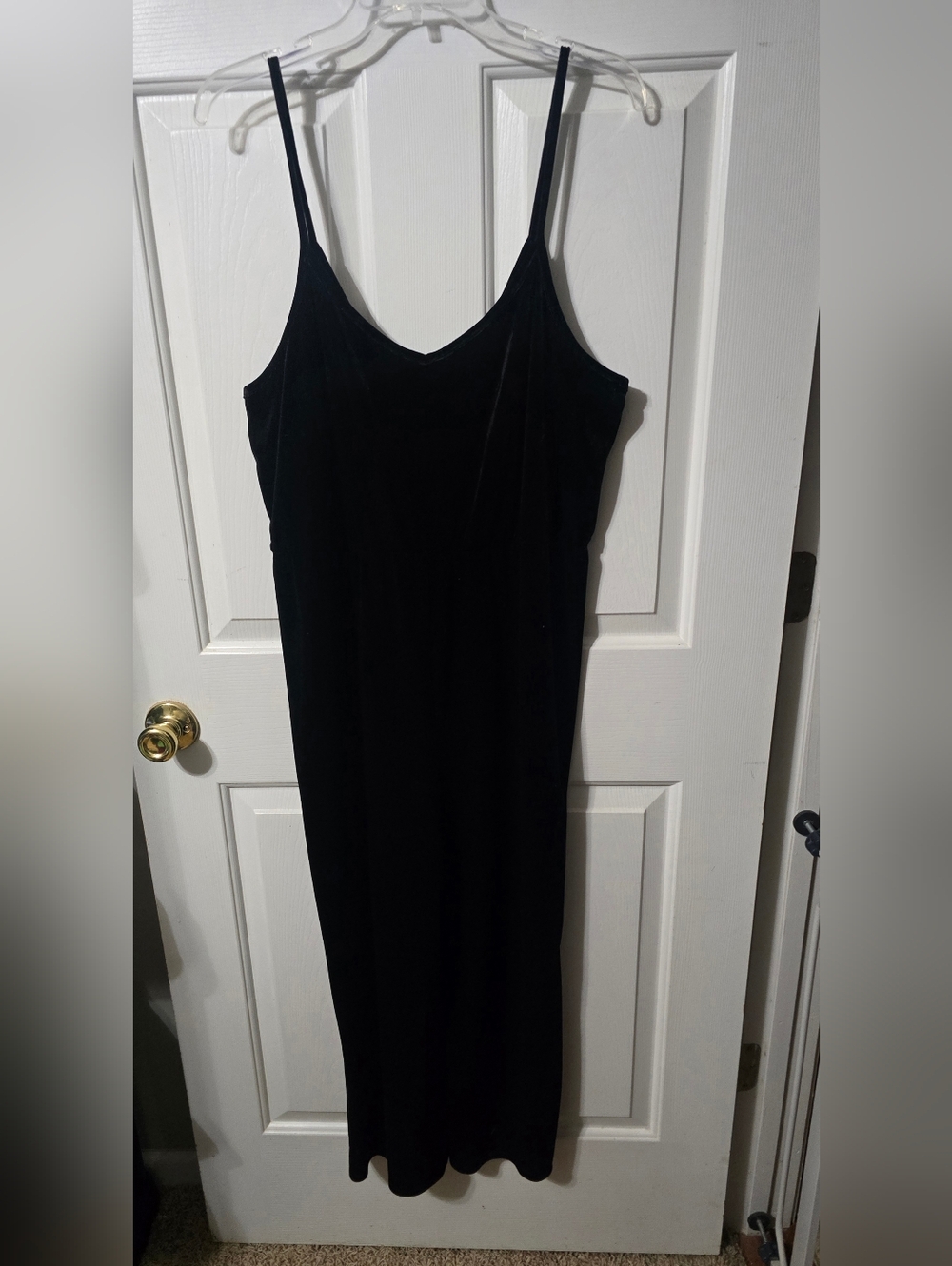 Classic Black Velour Jumpsuit- Sleek V-Neck Spaghetti Strap